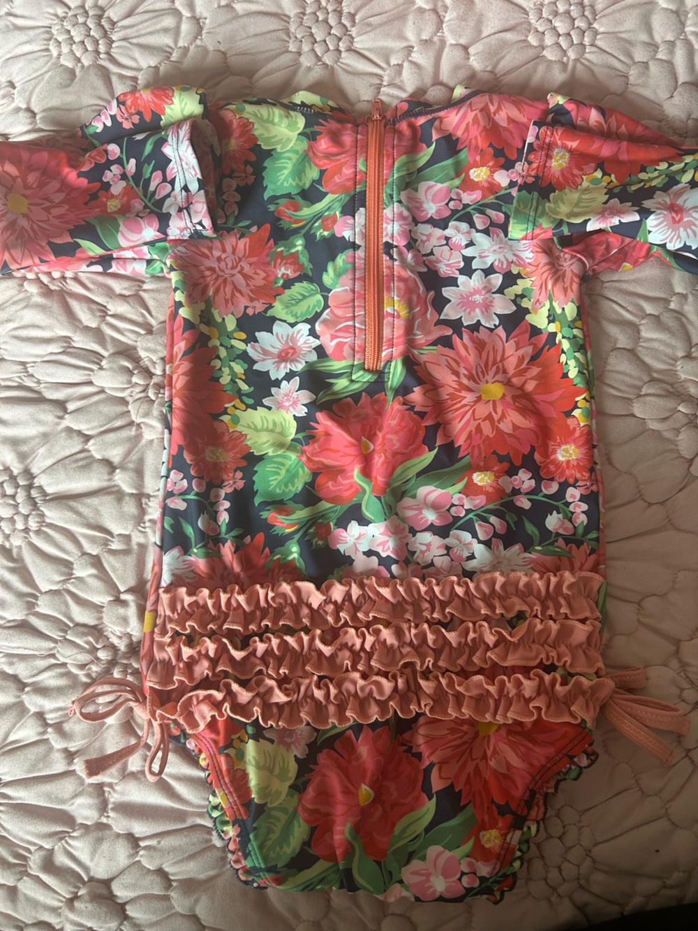 Ruffle Butts Floral Long-Sleeve One-Piece Swimsuit — Coral, Green & Black - Picture 3 of 4